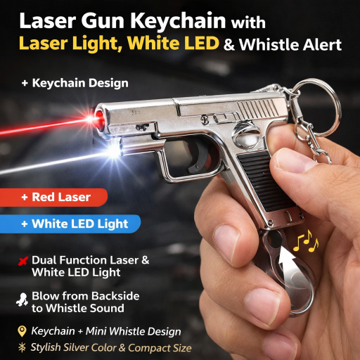 Silver Laser Gun Keychain with LED Light & Whistle Sound – Multi-Function Gadget