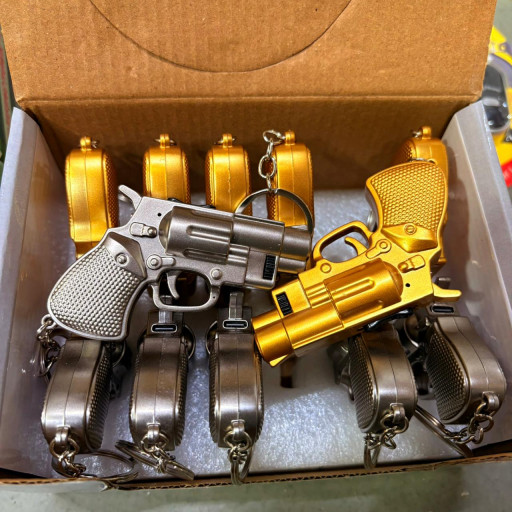 Rechargeable Mini Revolver Laser Keychain with LED Light (Type-C) – Silver & Gold