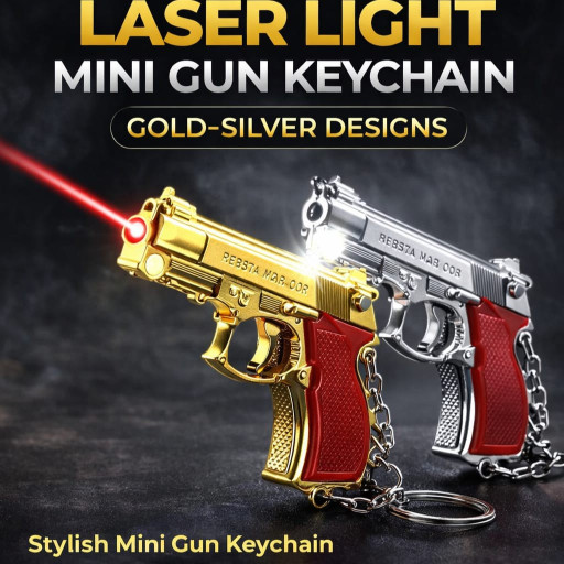 Mini Laser Gun Keychain with LED Light (Premium Metal Finish)