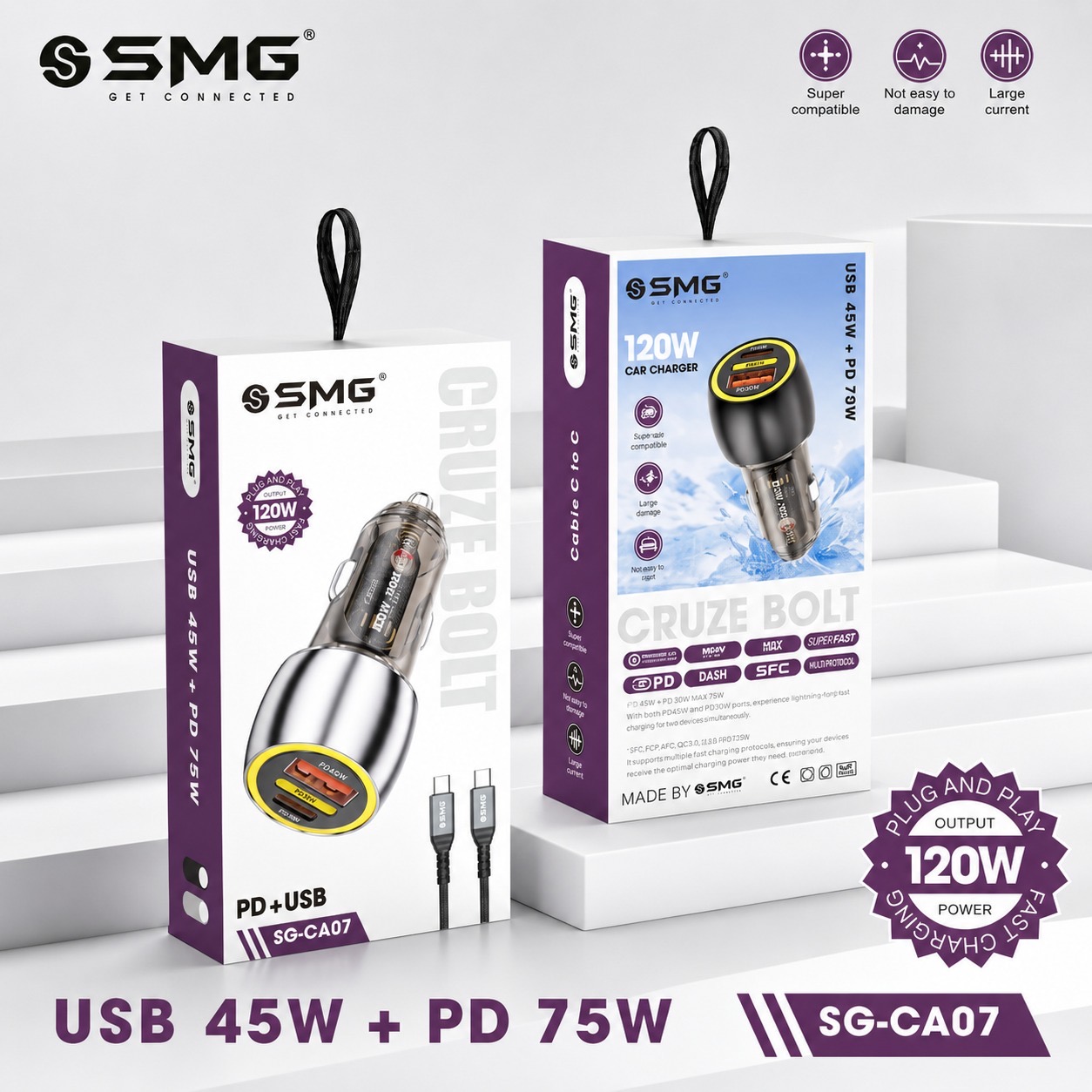 SMG CA07 Cruze Bolt 120W Car Charger 1Y Warranty