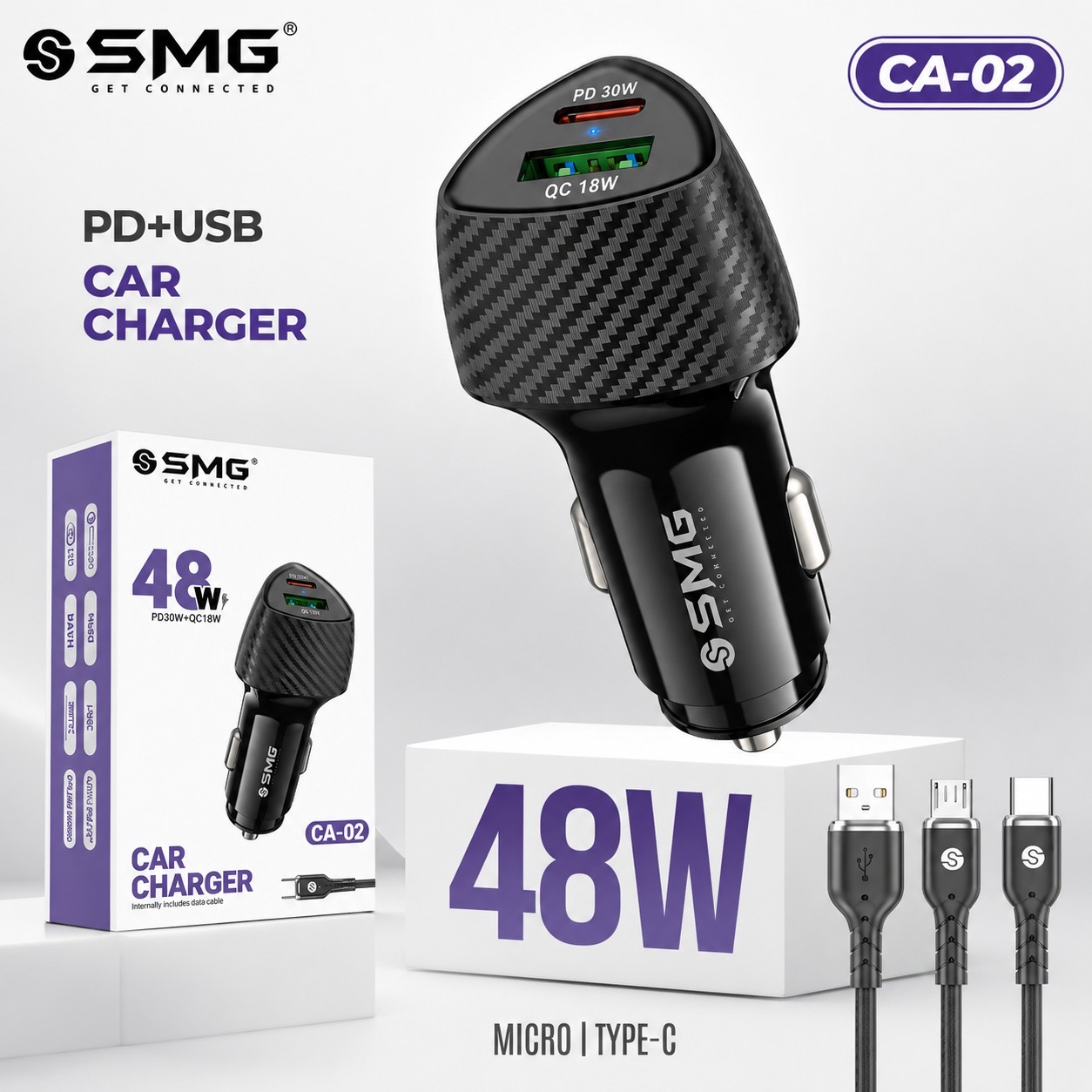 SMG CA02 Type c 48W Dual PD+ Usb Ports Car Charger