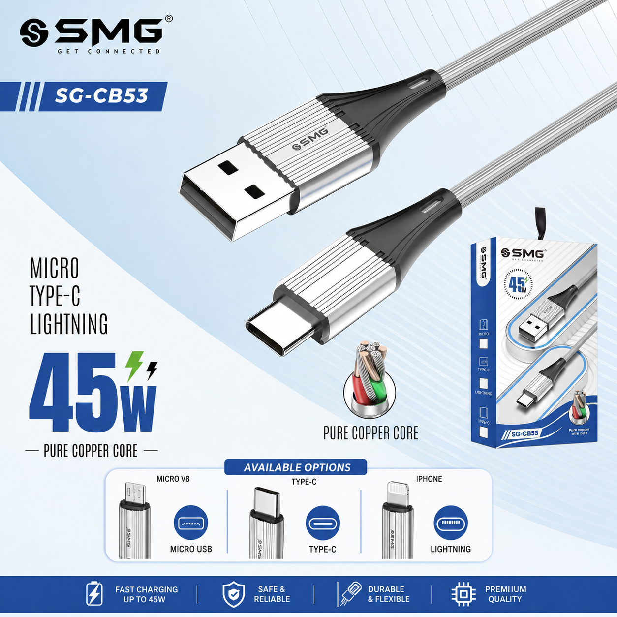 SMG CB53 Micro V8 (45W) Data Cable 1 Year Warranty