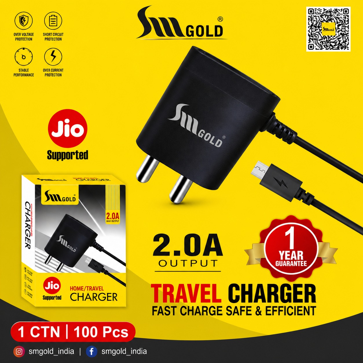 SM Gold 2.0A Jio Mobile Charger (1 Year Warranty)