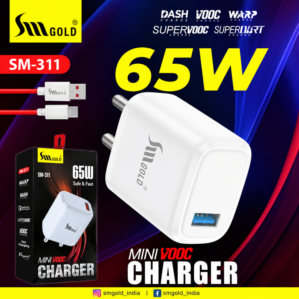 SM GOLD 311 65W Supar Vooc Type c Mobile Charger (1 Year Warranty)