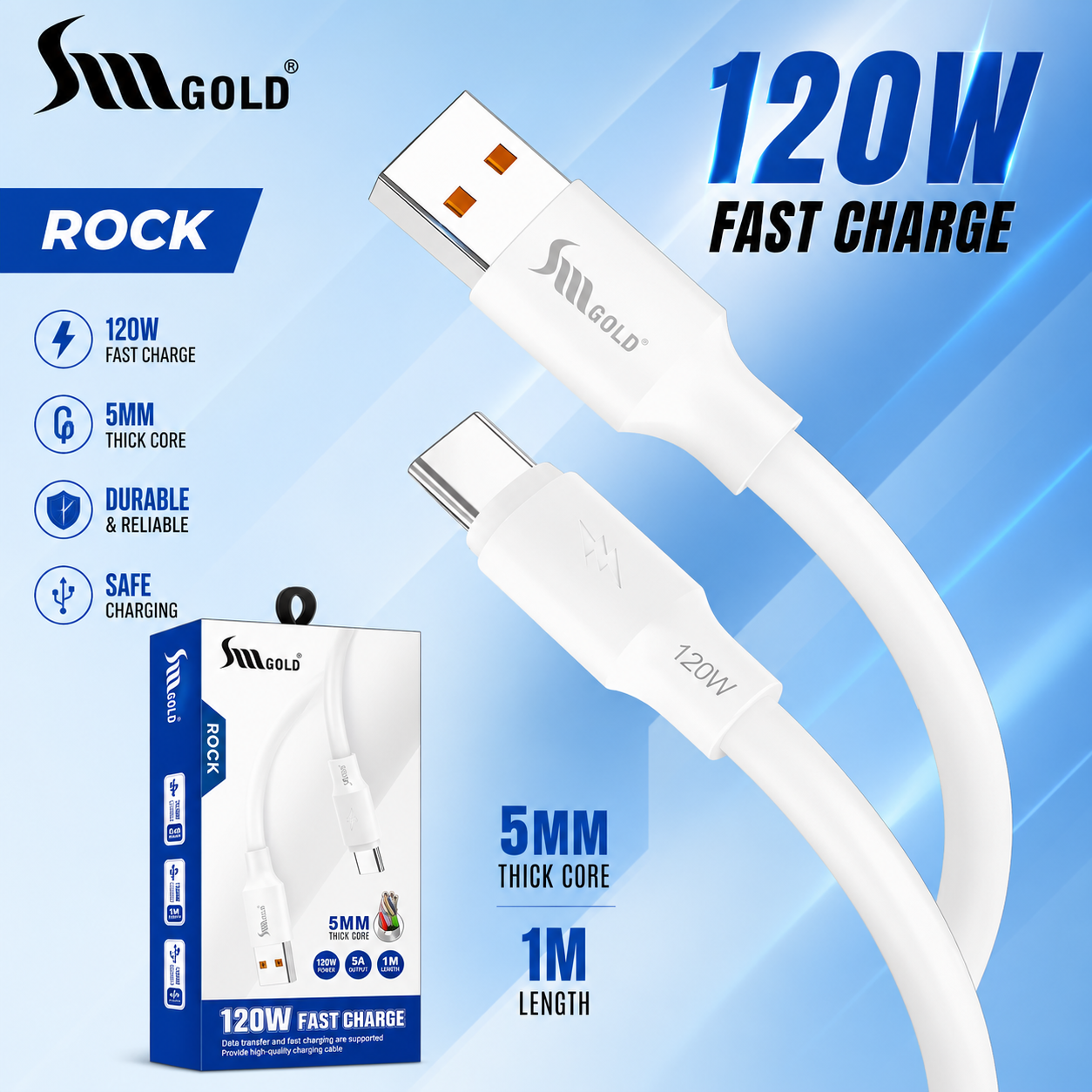 SMG ROCK Type c (120W) Data Cable 1Y Warranty
