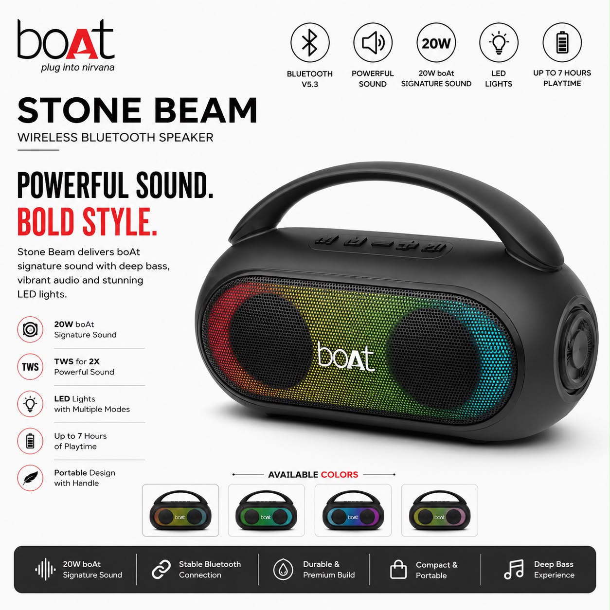 boAt Stone Beam Portable Bluetooth Speaker With Led