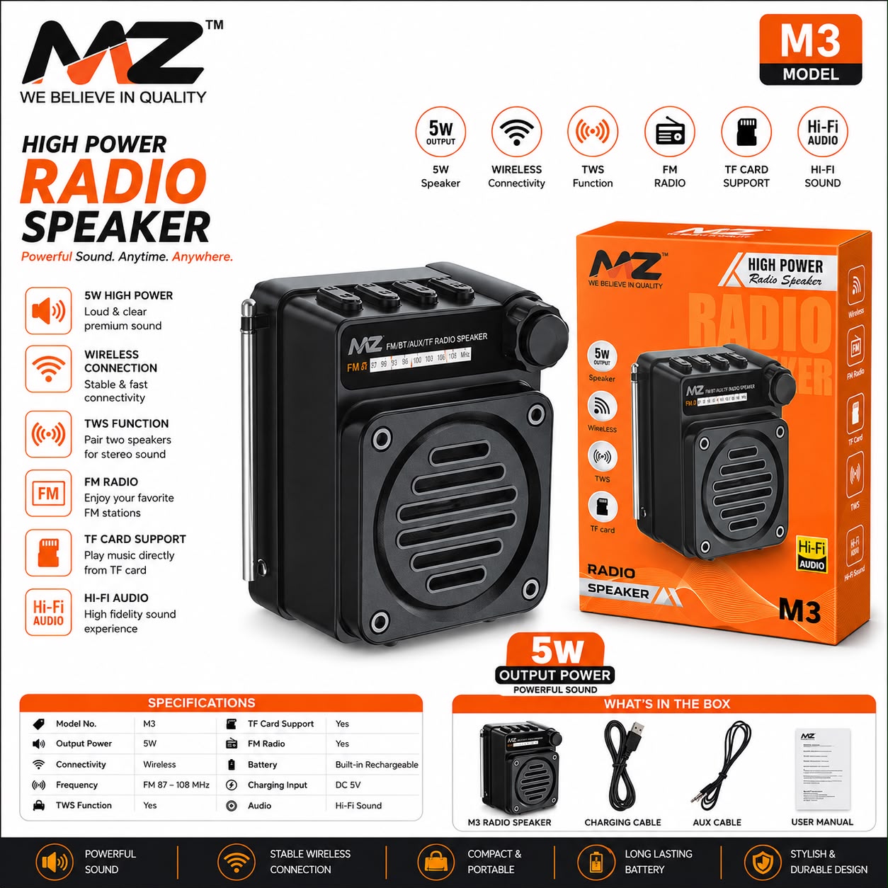 MZ M3 FM Radio 📻 Wireless Bluetooth Speaker