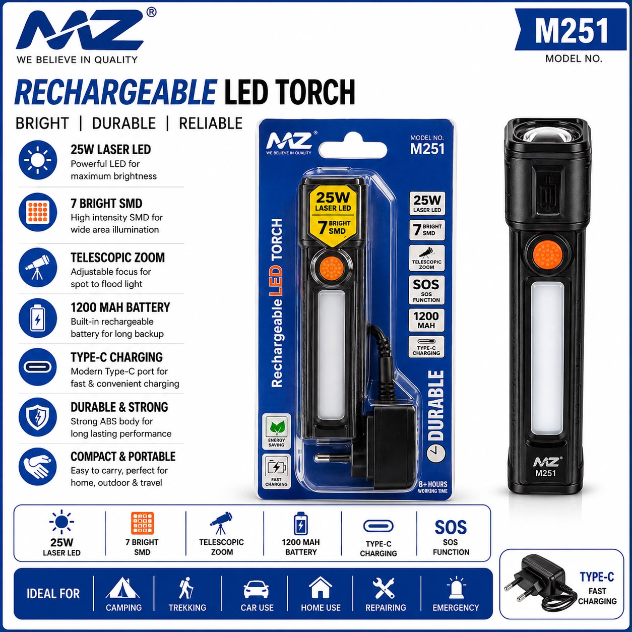 MZ Rechargeable LED Torch Model M251