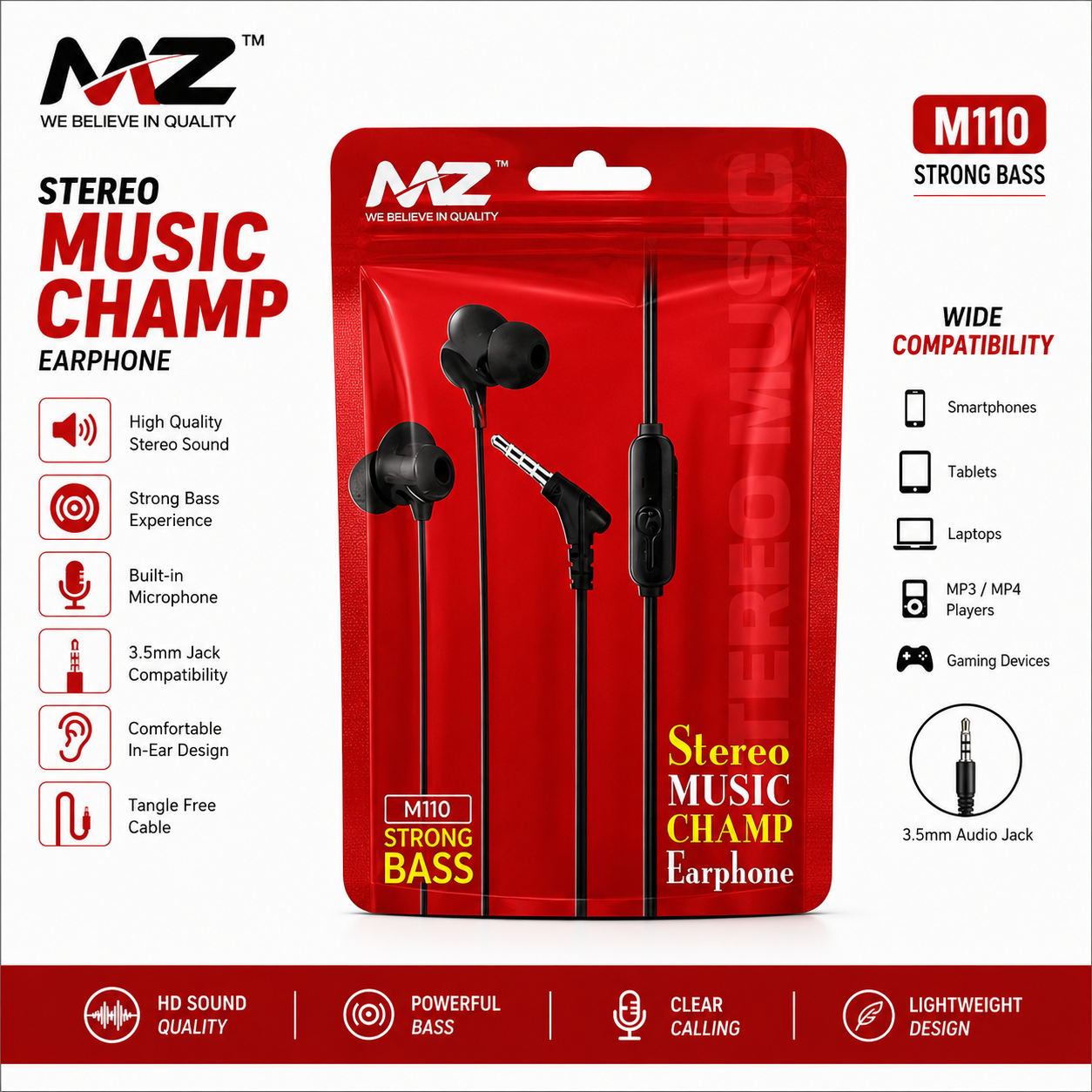Mz M110 Champ Wired Earphone 5 Colour