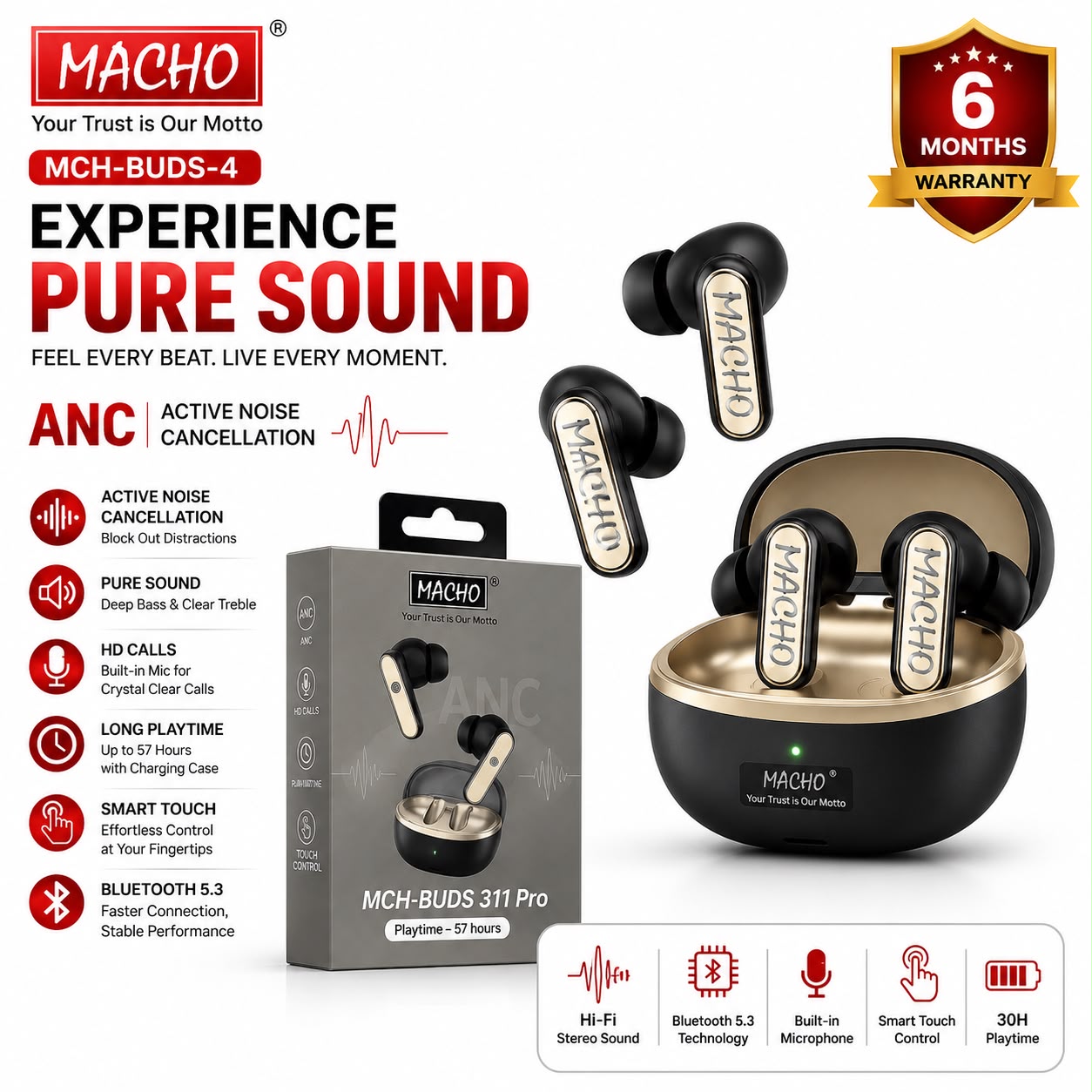 Macho Buds3 Wireless Ear buds 6M Warranty
