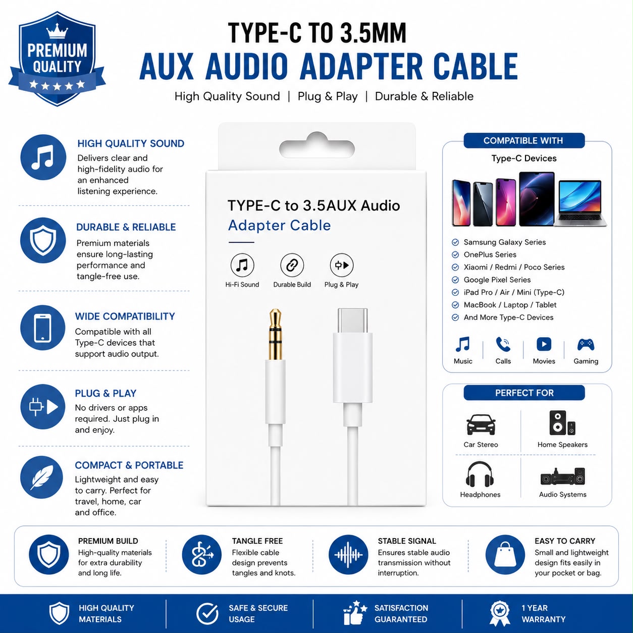 Aux To Type c Cable White box