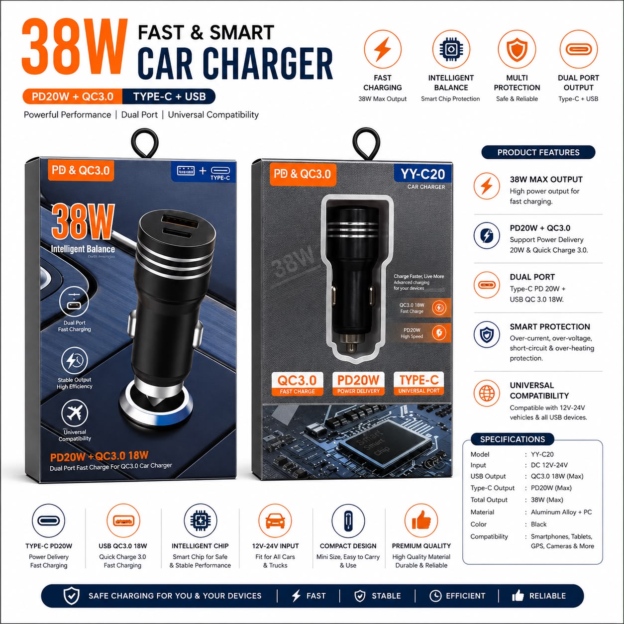 YY-C20 38W Fast Car Charger (PD + QC 3.0)