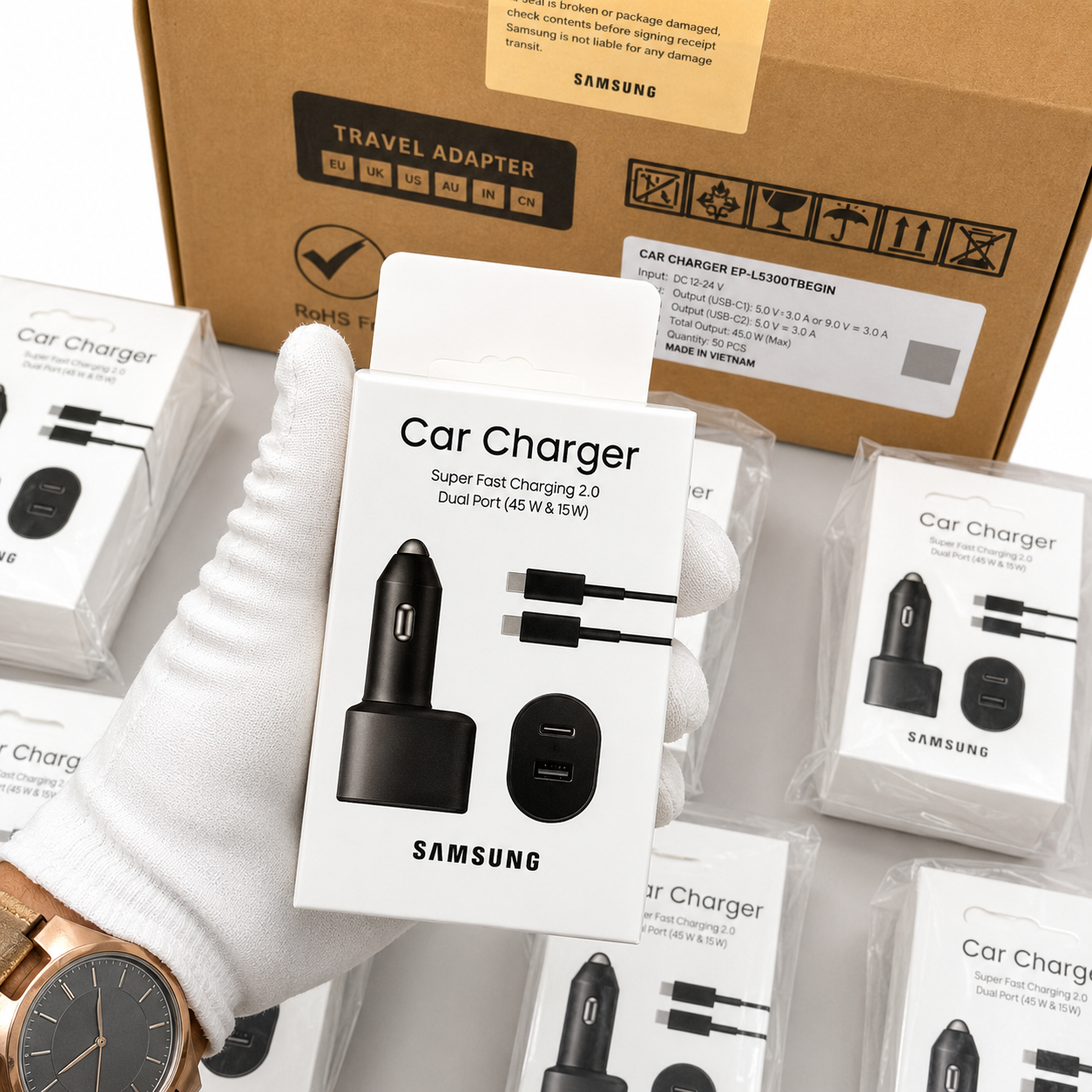 Samsung Super Fast Dual Car Charger with a USB Type-C to Type-C cable