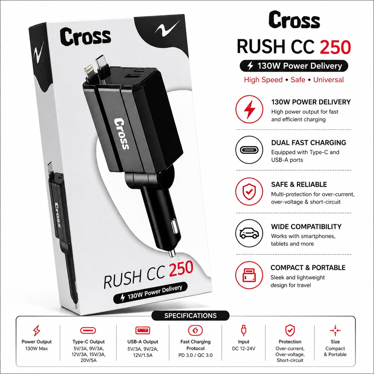 Cross Rush CC250 130W Supar Fast Car Charger (New)