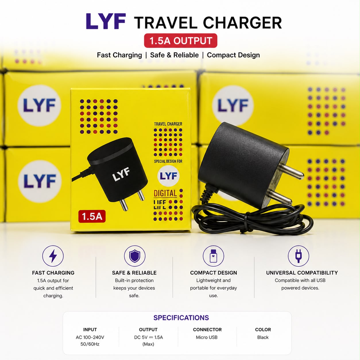 JIO LFY 1.5A Mobile Charger 1 Year Warranty (Yellow Packing)