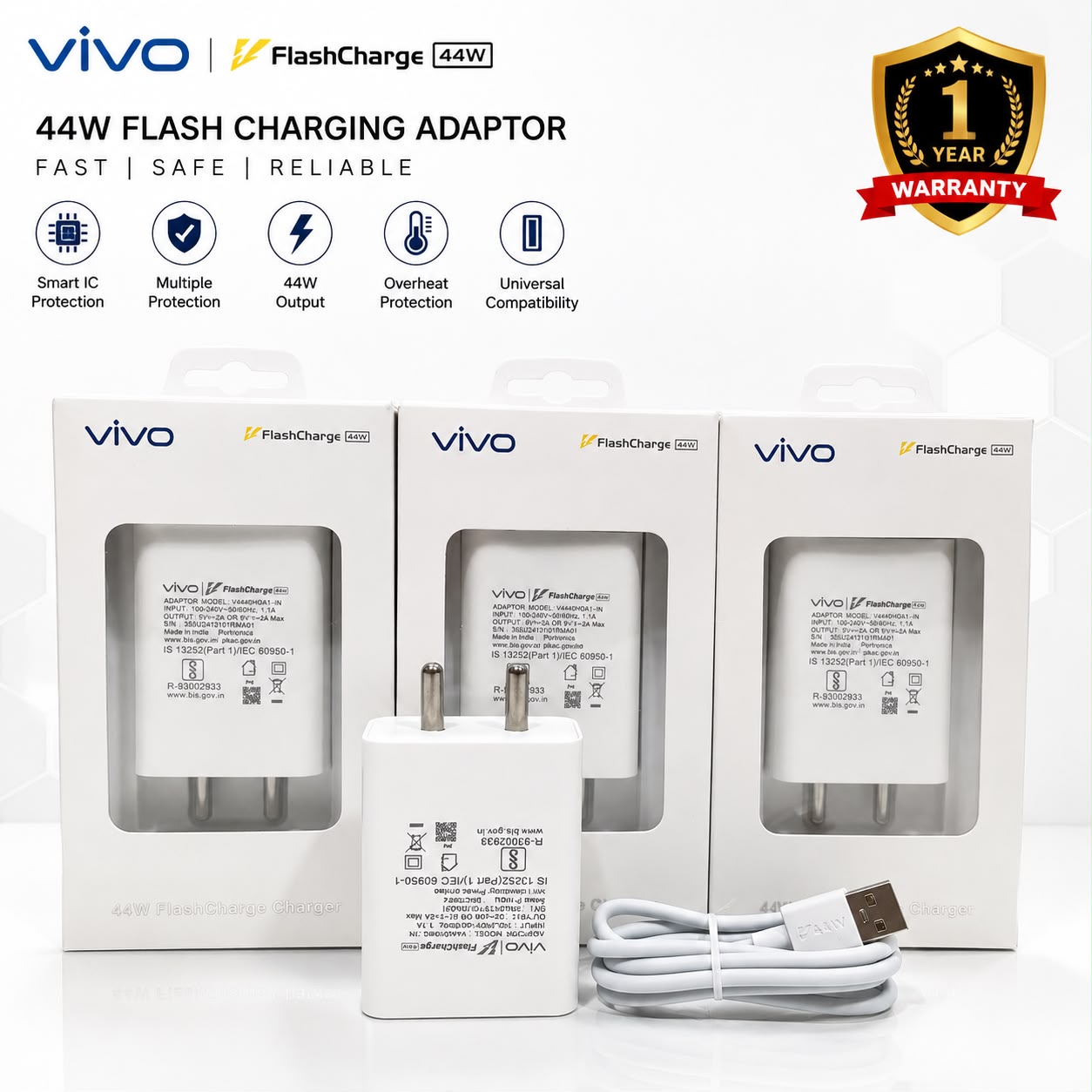 Vivo 44W window charger with Cable 1 Year Warranty
