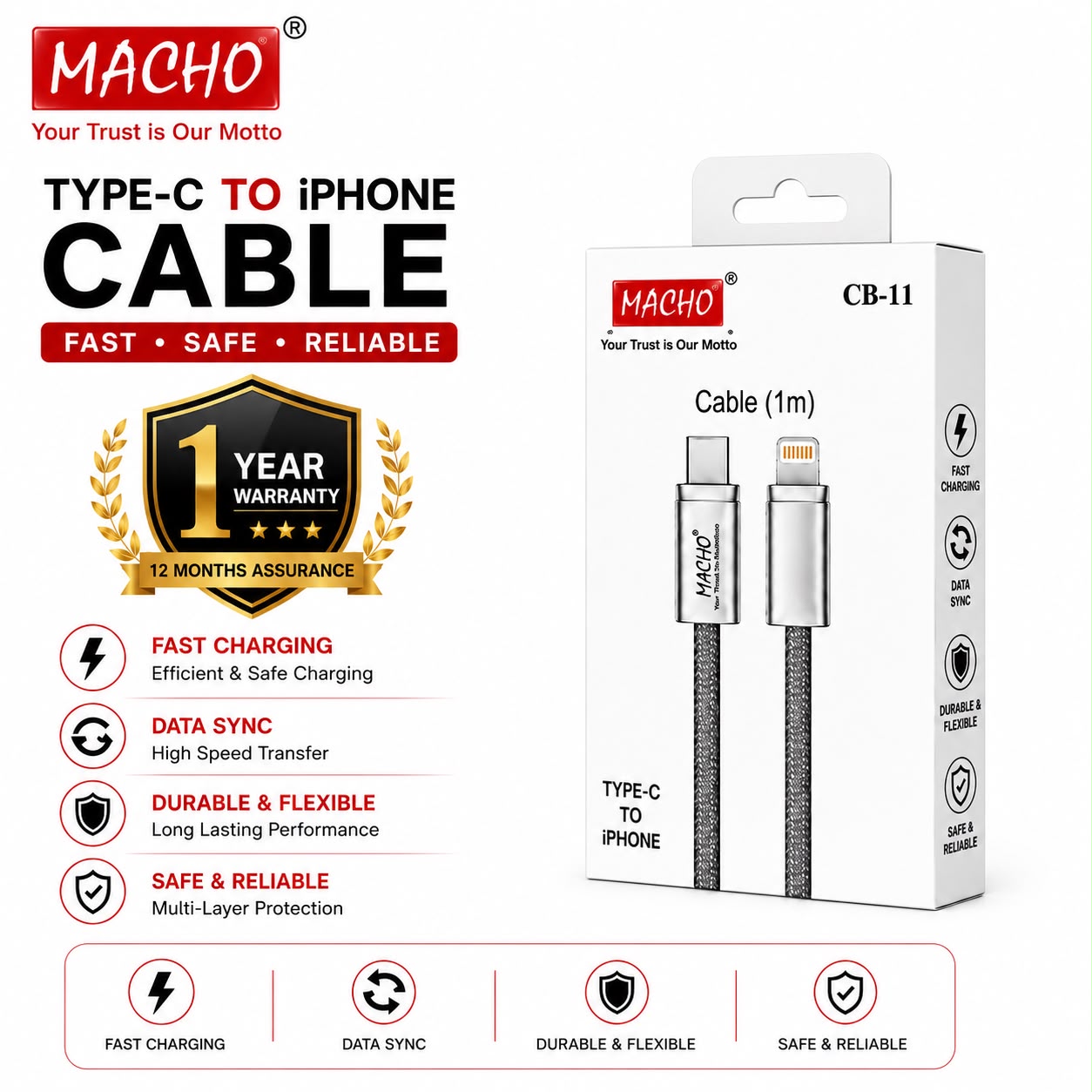 Macho CB11 35W Type c To iphone cable 1 Year Warranty