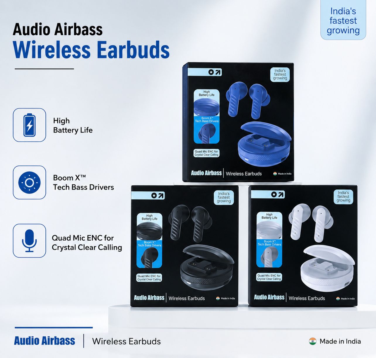 Audio Airbass Wireless Bluetooth Ear buds Hard Packing