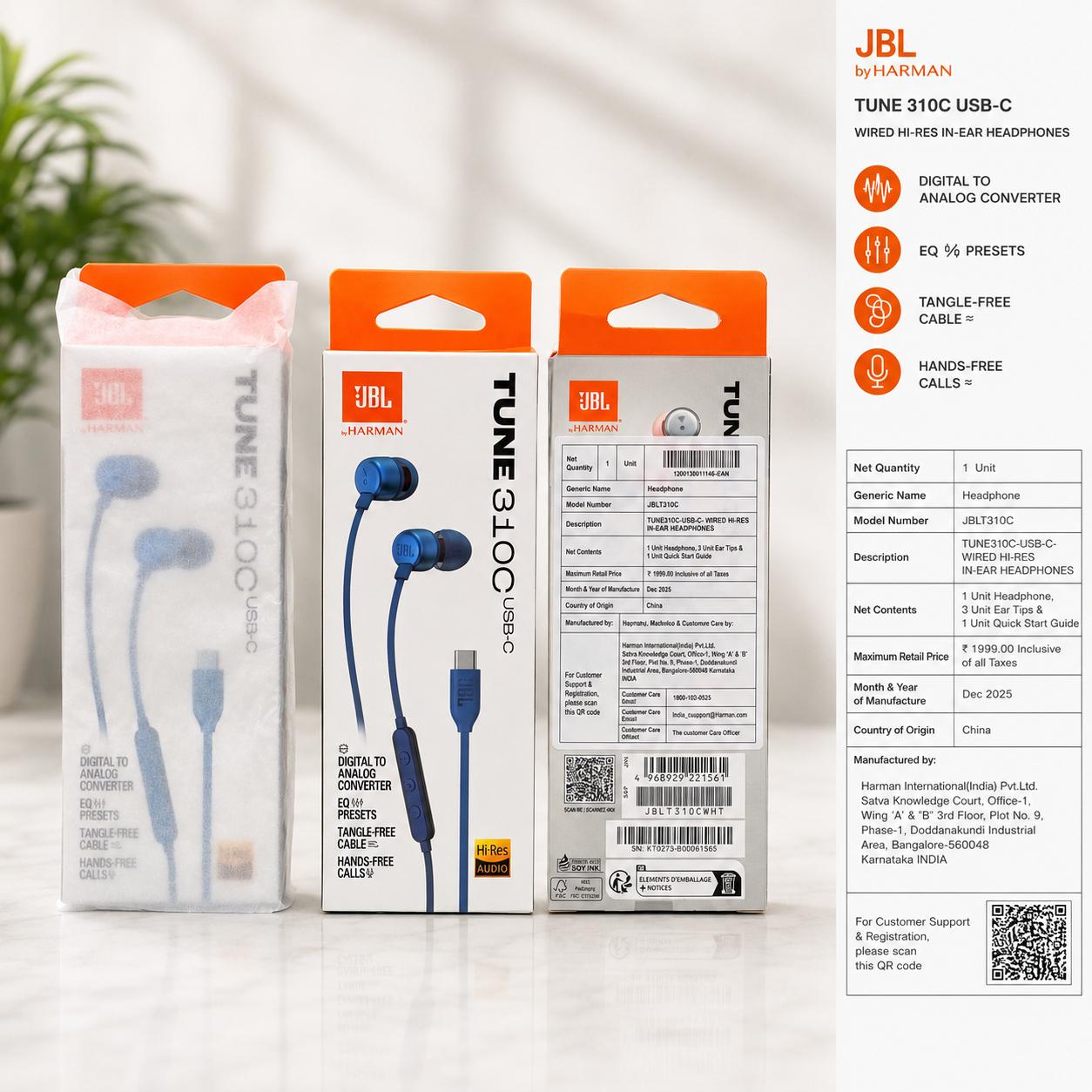 JBL 310C Type c Earphone Care Qty