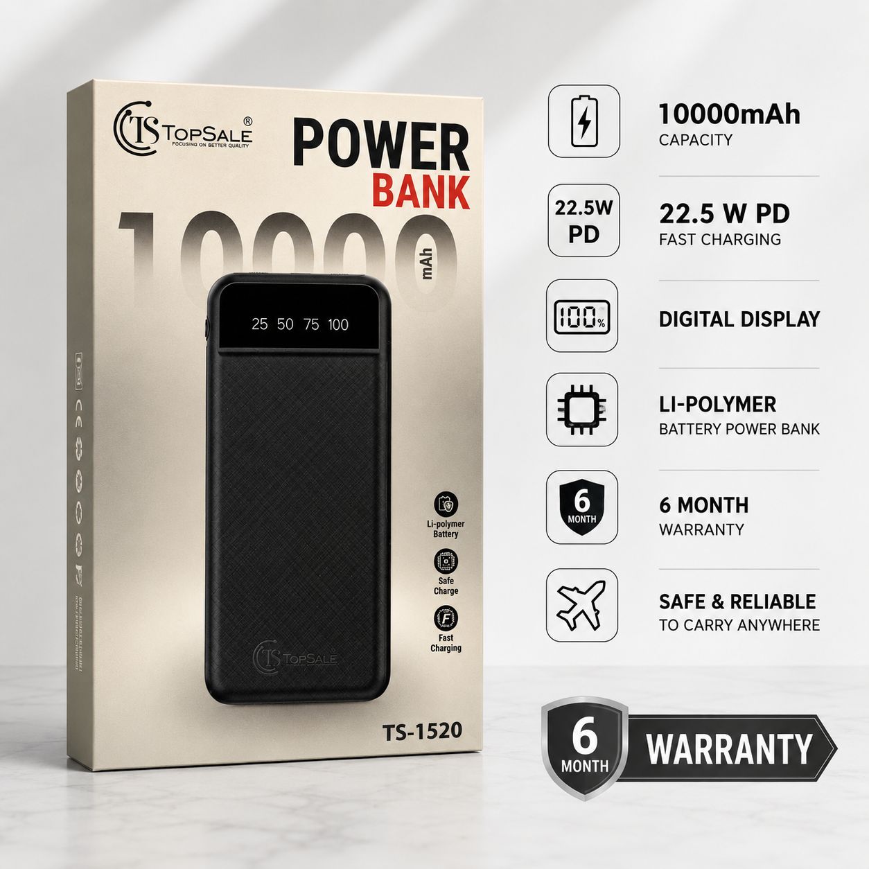 TopeSale TS 1520 10000 Mah  Powar Bank 6M Warrranty