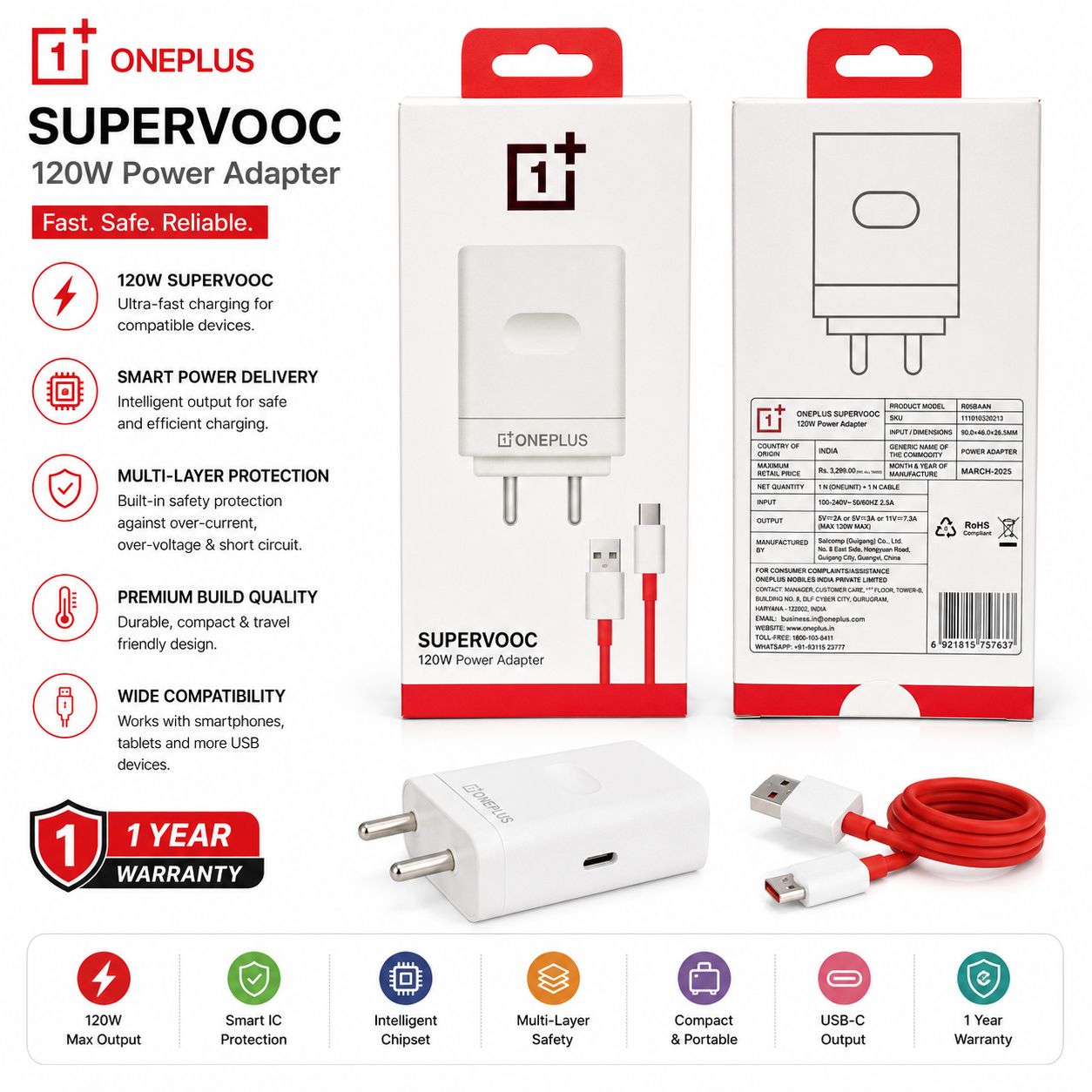 One Plus 120W Supar Vooc Type c Charger 1 Year Warranty