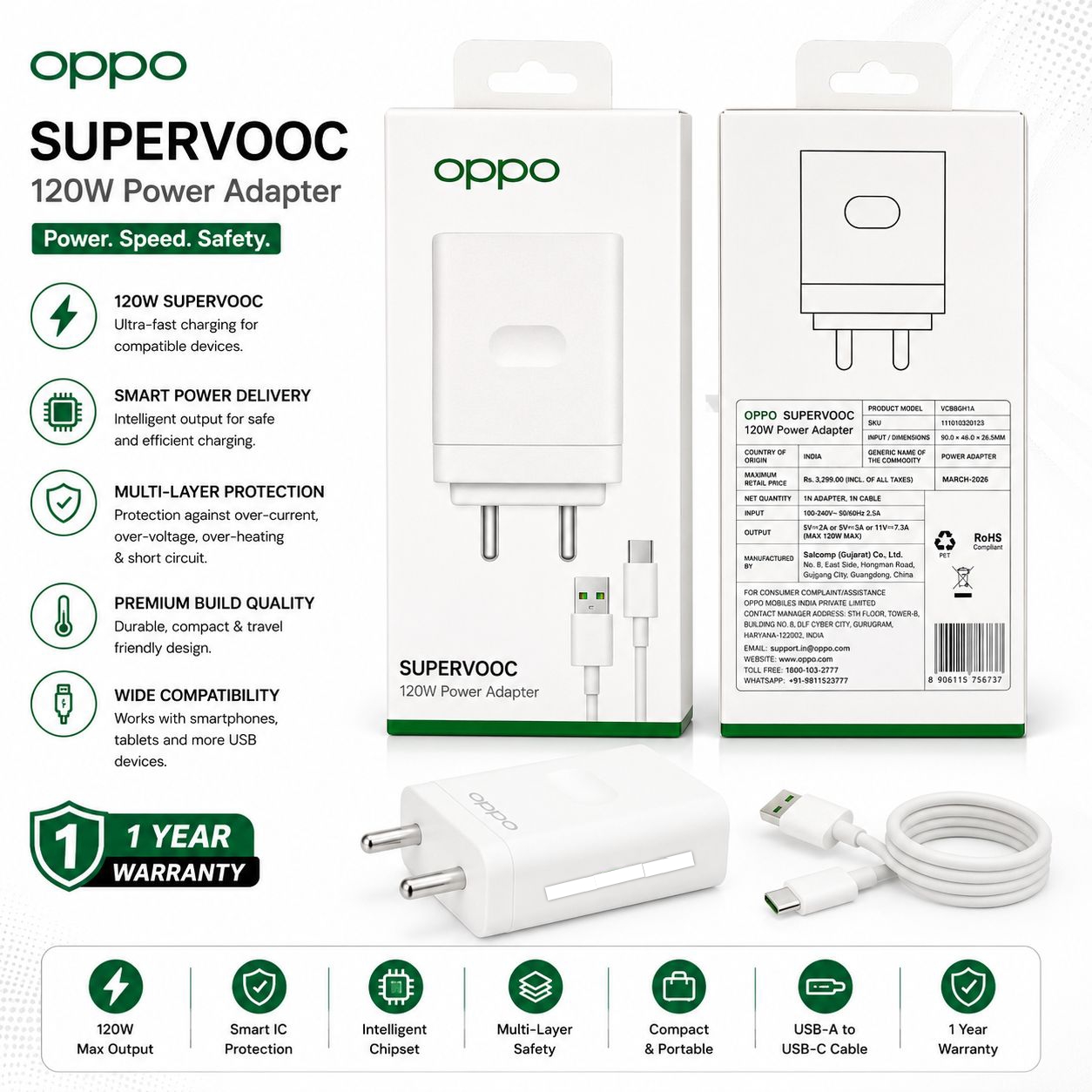 Opp 120W Supar Vooc Type c Charger 1 Year Warranty