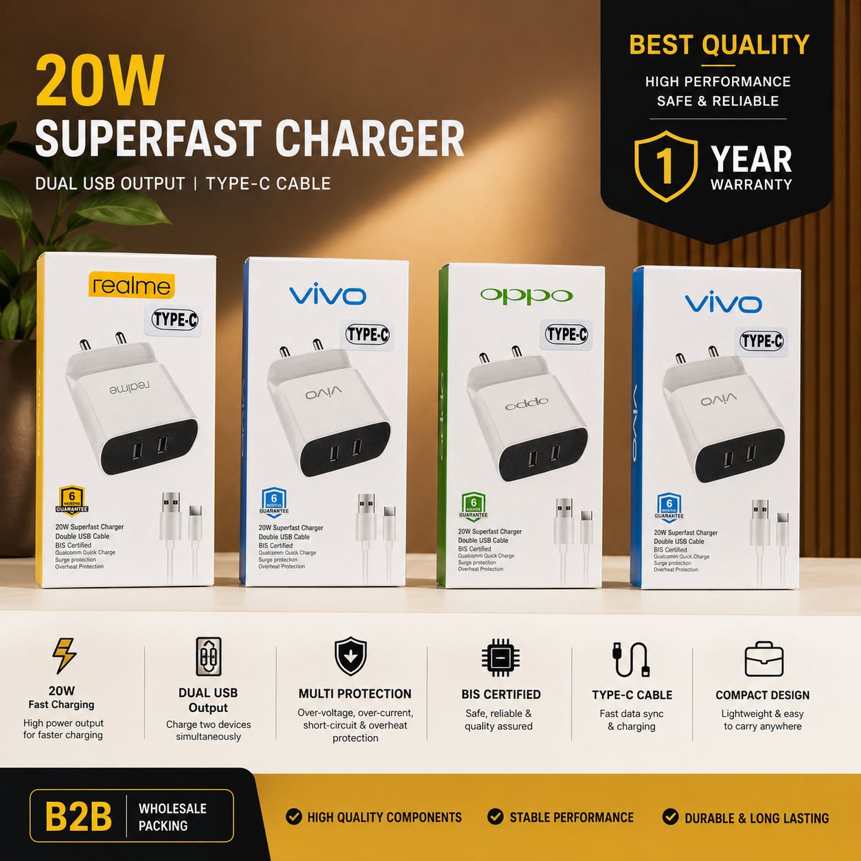 Mix Modal 3.4A Dual Usb Type c Mobile Charger 1 Year Warranty