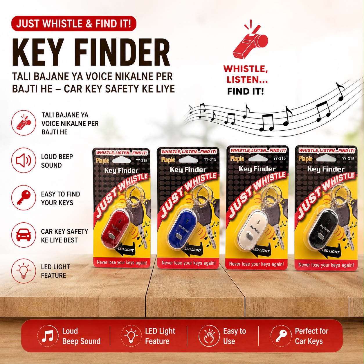 Smart Whistle Key Finder with LED Light – Sound Activated Anti-Lost Keychain (Black)