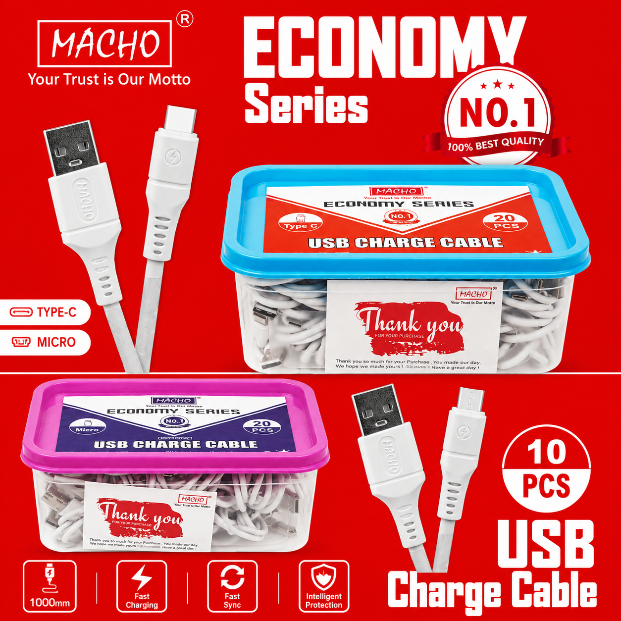 Macho 1Mtr Type c Cable 20 Pcs Pk