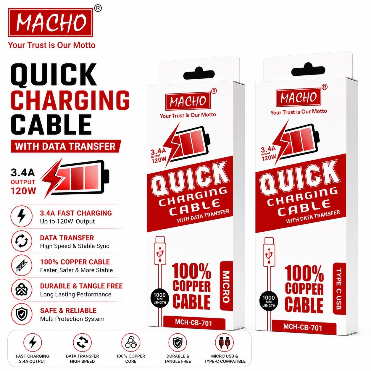 Macho CB701 3.4A Quick Charging Cable (With Data Transfer)