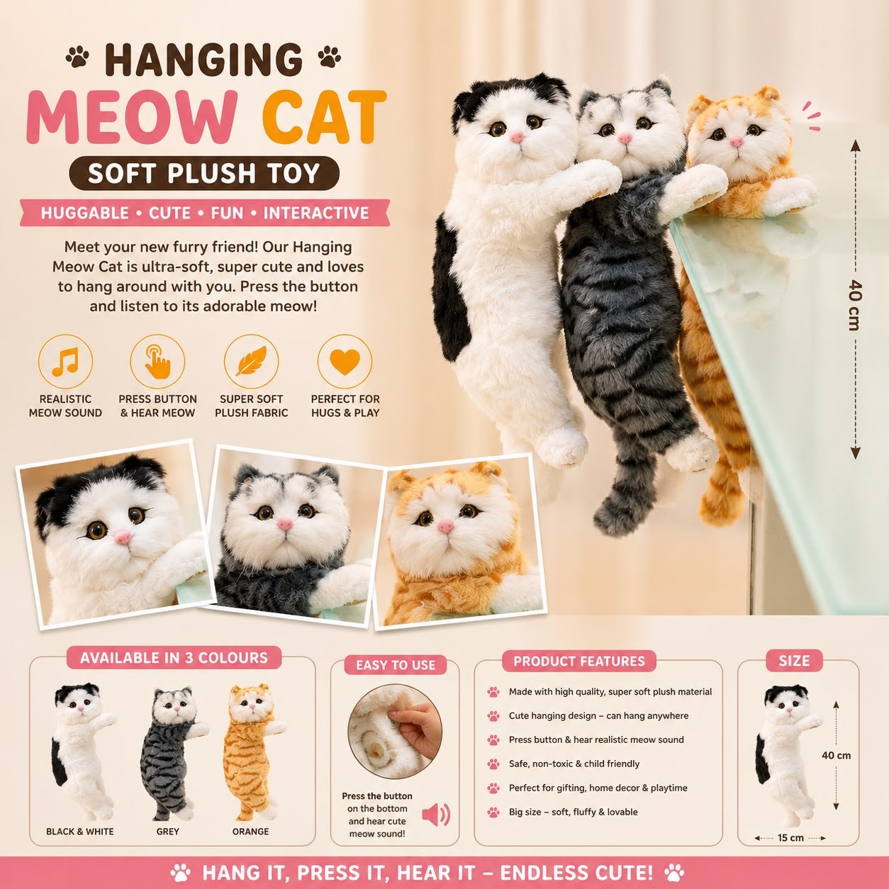Talking Plush Cat Toy Car So Pcs – Meowing Sound Cat Big Size