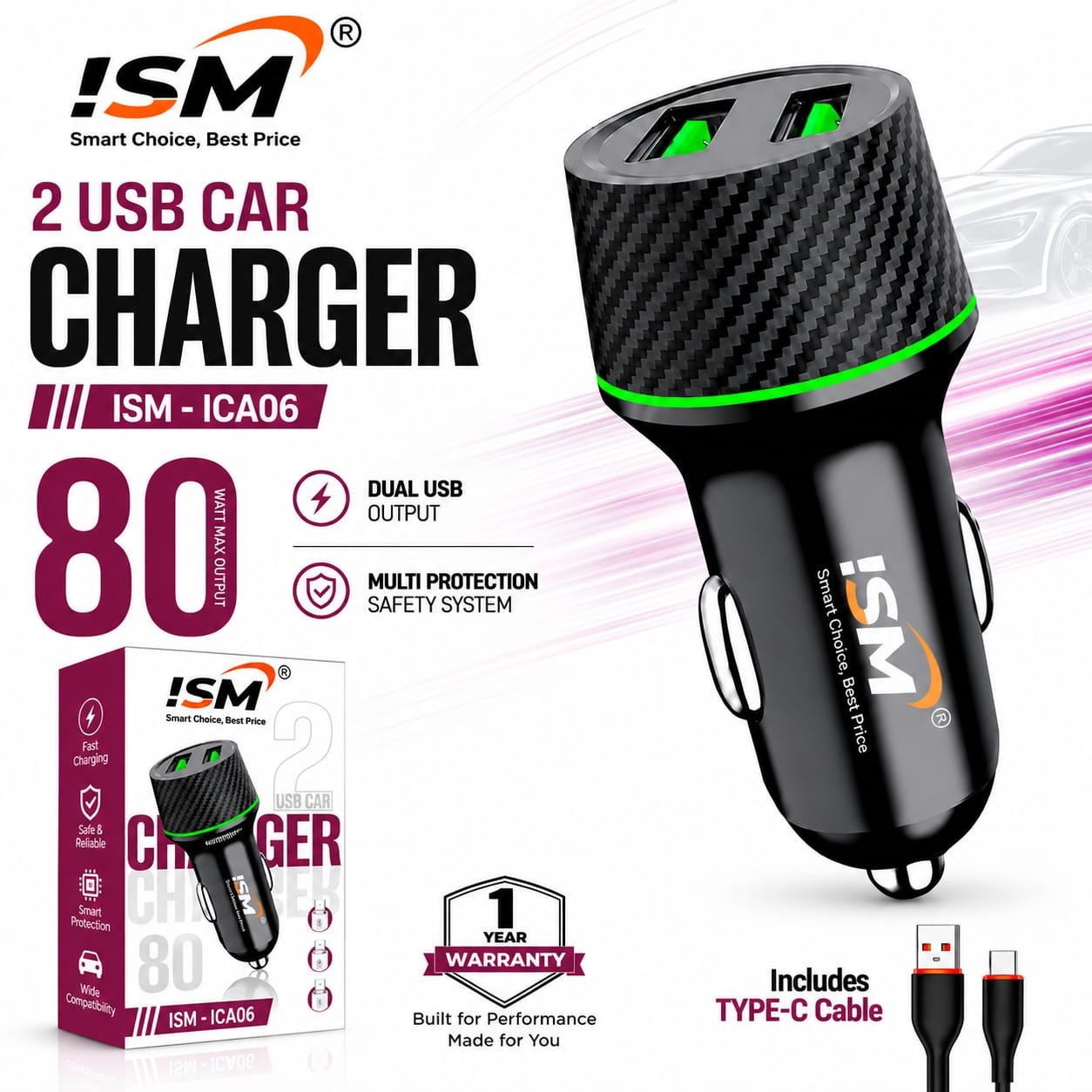 ISM - ICA06 2 USB 80W Car Charger