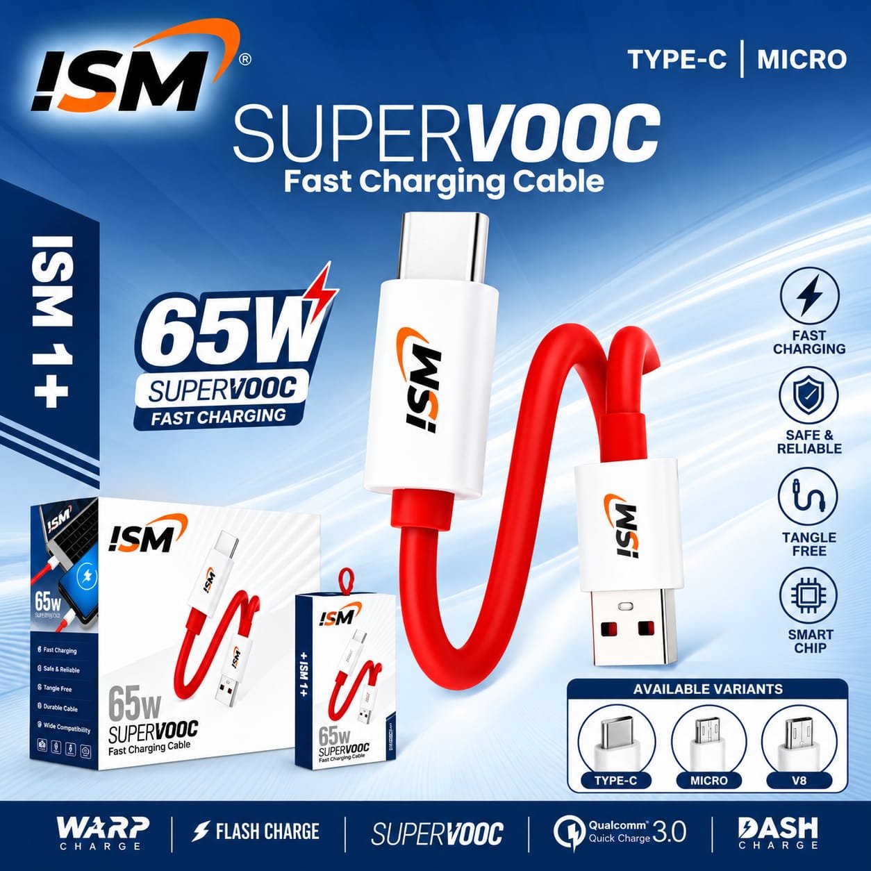ISM 1Plus 65W Type C Dash Data Cable 1Y Warranty