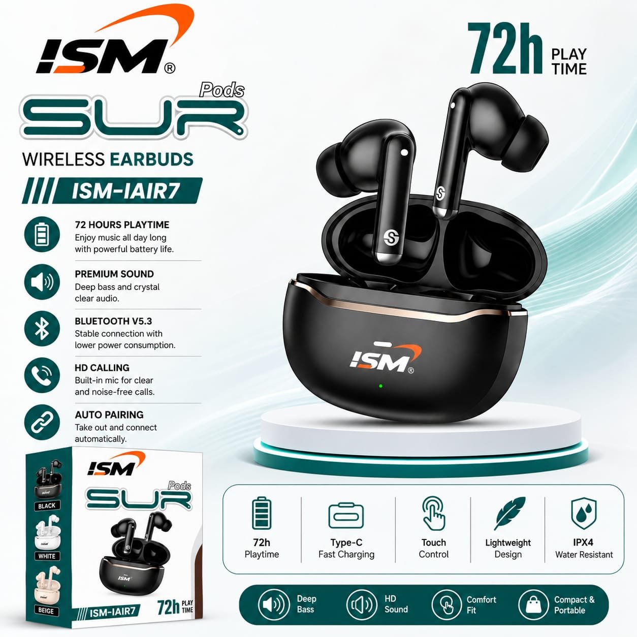 ISM IAir7 Sur Pods 72H Wireless Bluetooth Ear buds 6M Warranty