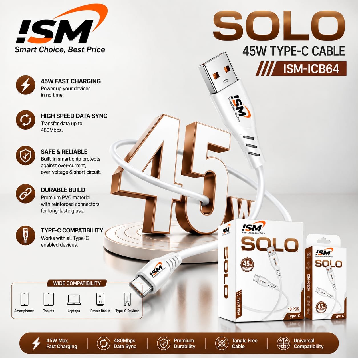 ISM ICB64 SOLO Type c 45W Cable 1 Year Warranty