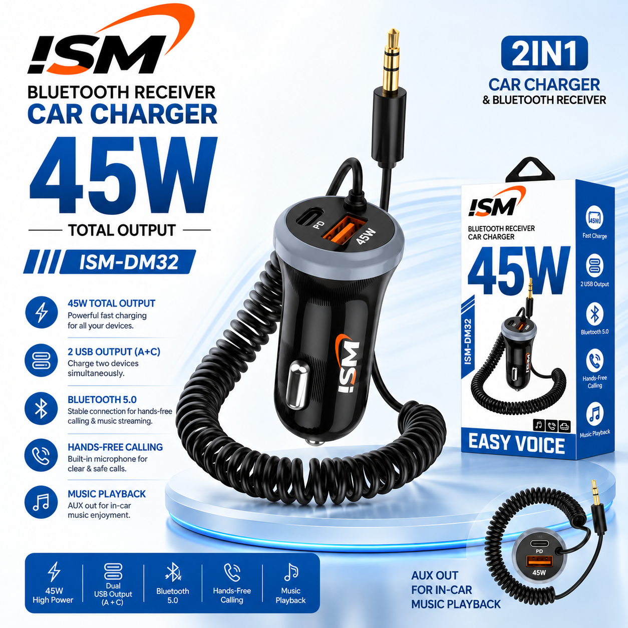 ISM DM32 2in1 Car Bluetooth Receiver With 45W Car Charger