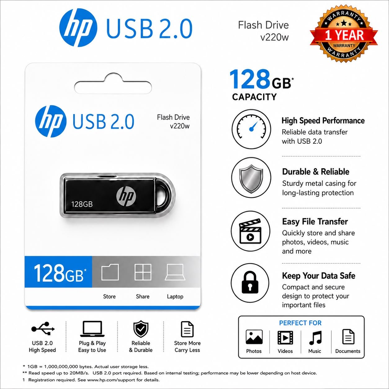 Hp 128Gb Metal Pendrive 1 Y Warranty