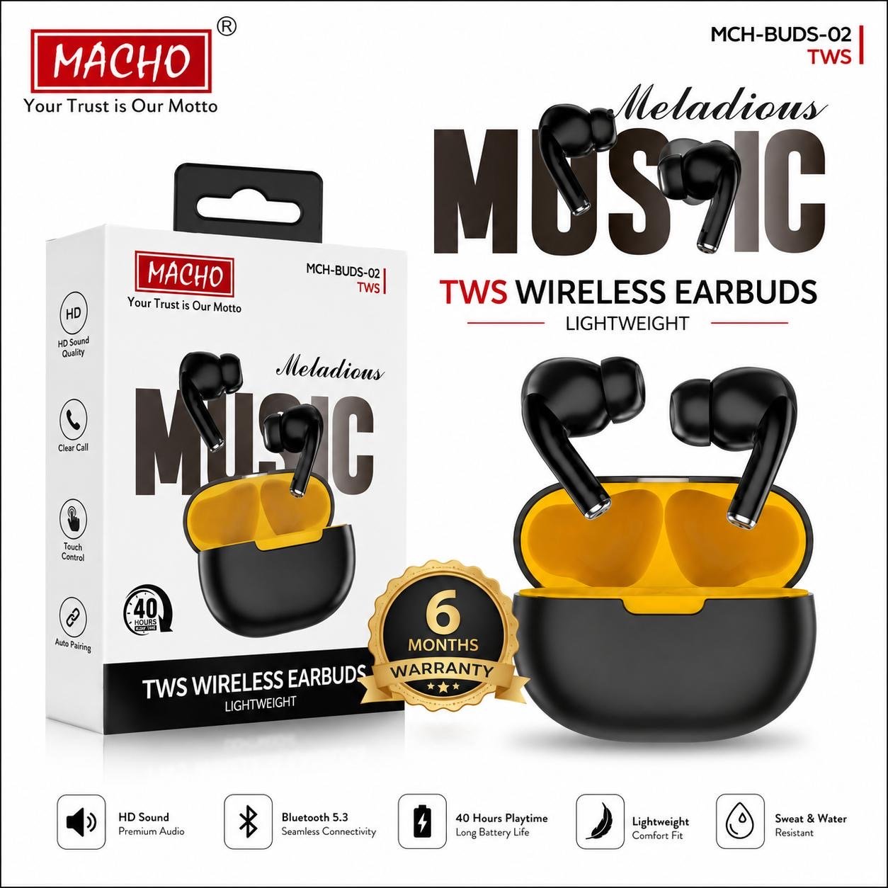 MACHO MCH-BUDS02 TWS Earbuds With 6 Month Garrenty