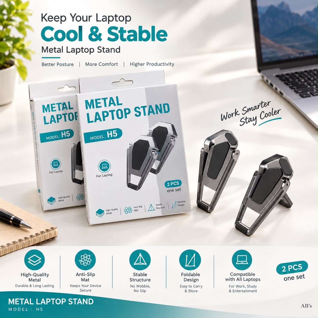 H5 Foldable Laptop Support Stand Metal + Rubber Portable Anti-Slip Laptop Stand