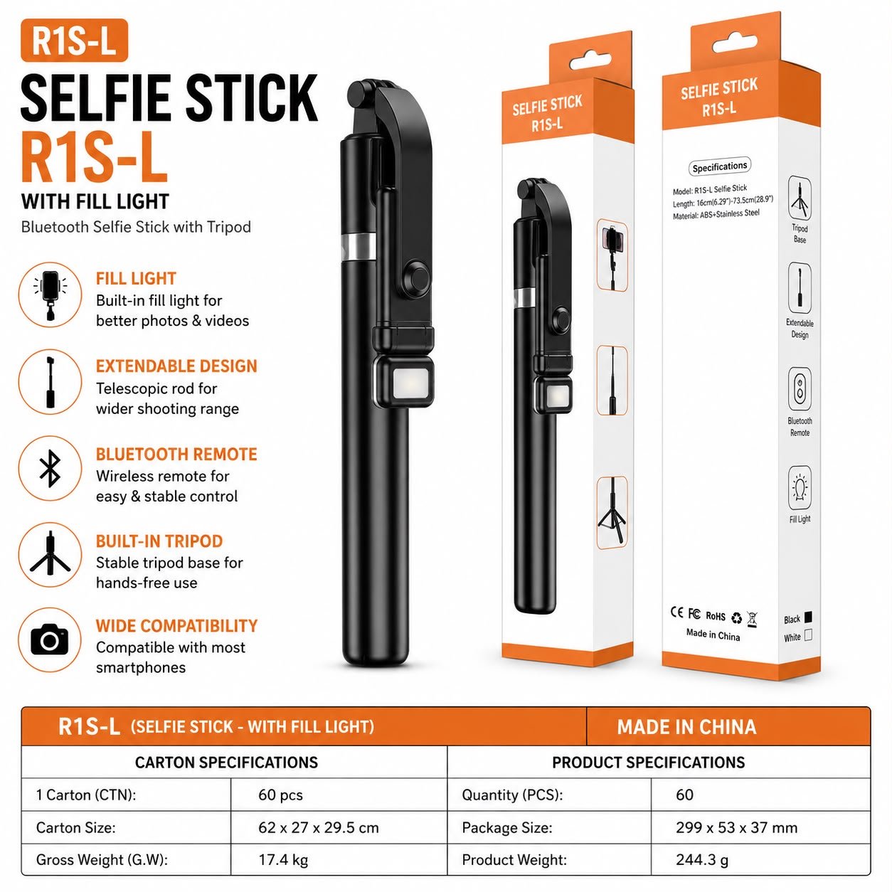 R1SL Selfie Strick With Led & Tripod