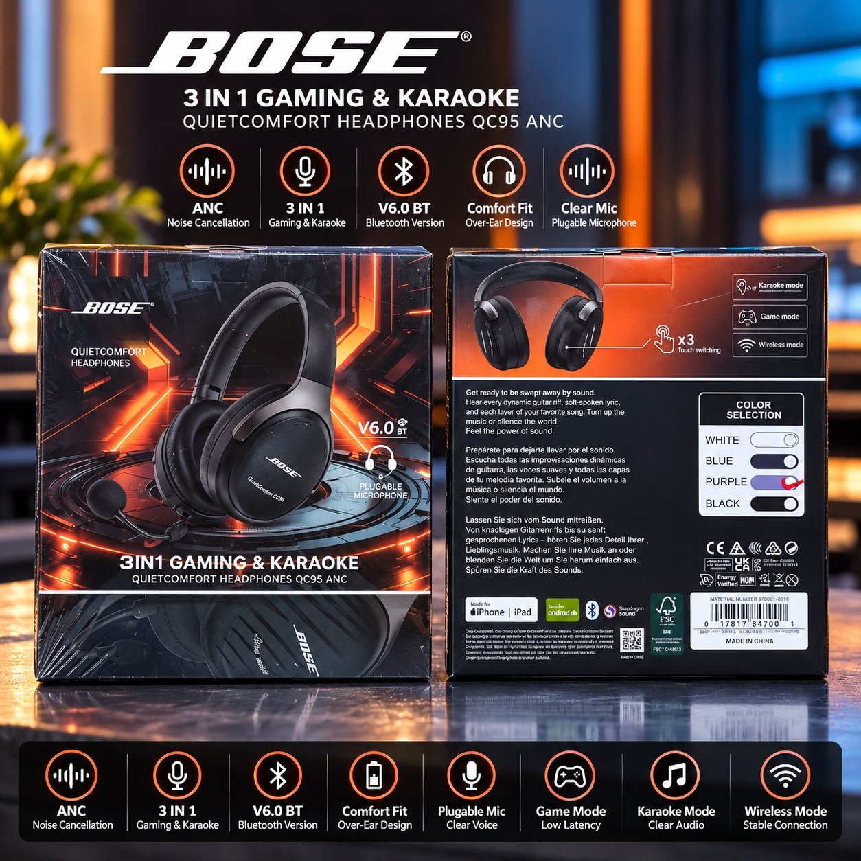 BOSE QuietComfort QC95 ANC – 3-in-1 Gaming & Karaoke Headphones
