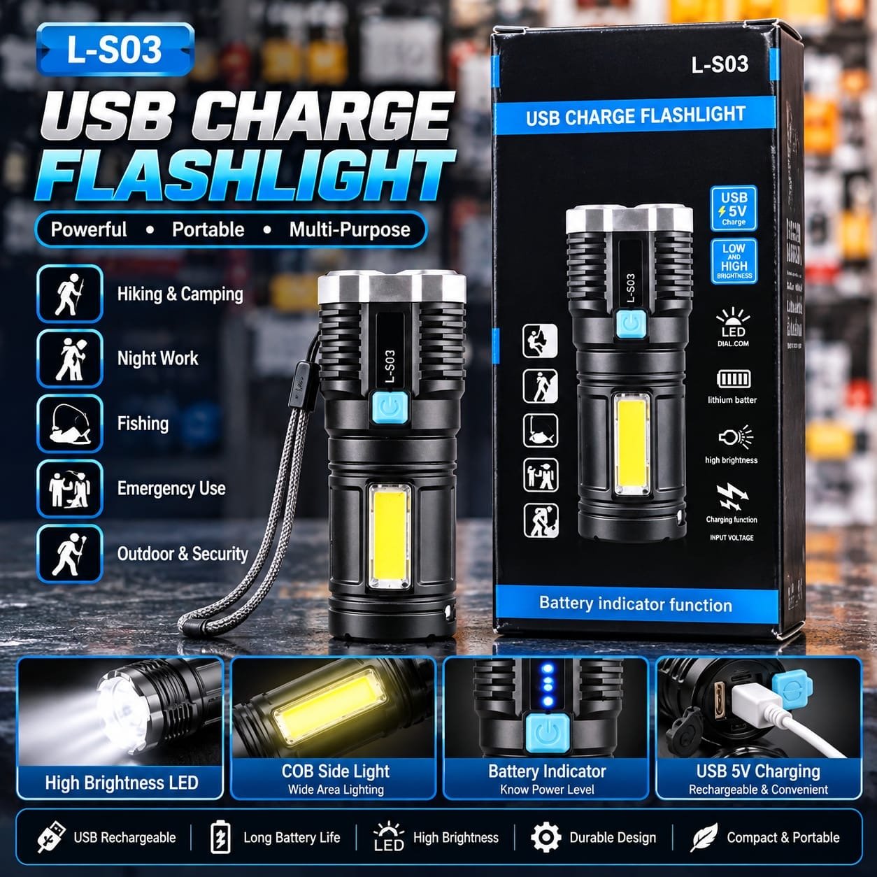 L-S03 USB Rechargeable Flashlight 🔦 Torch