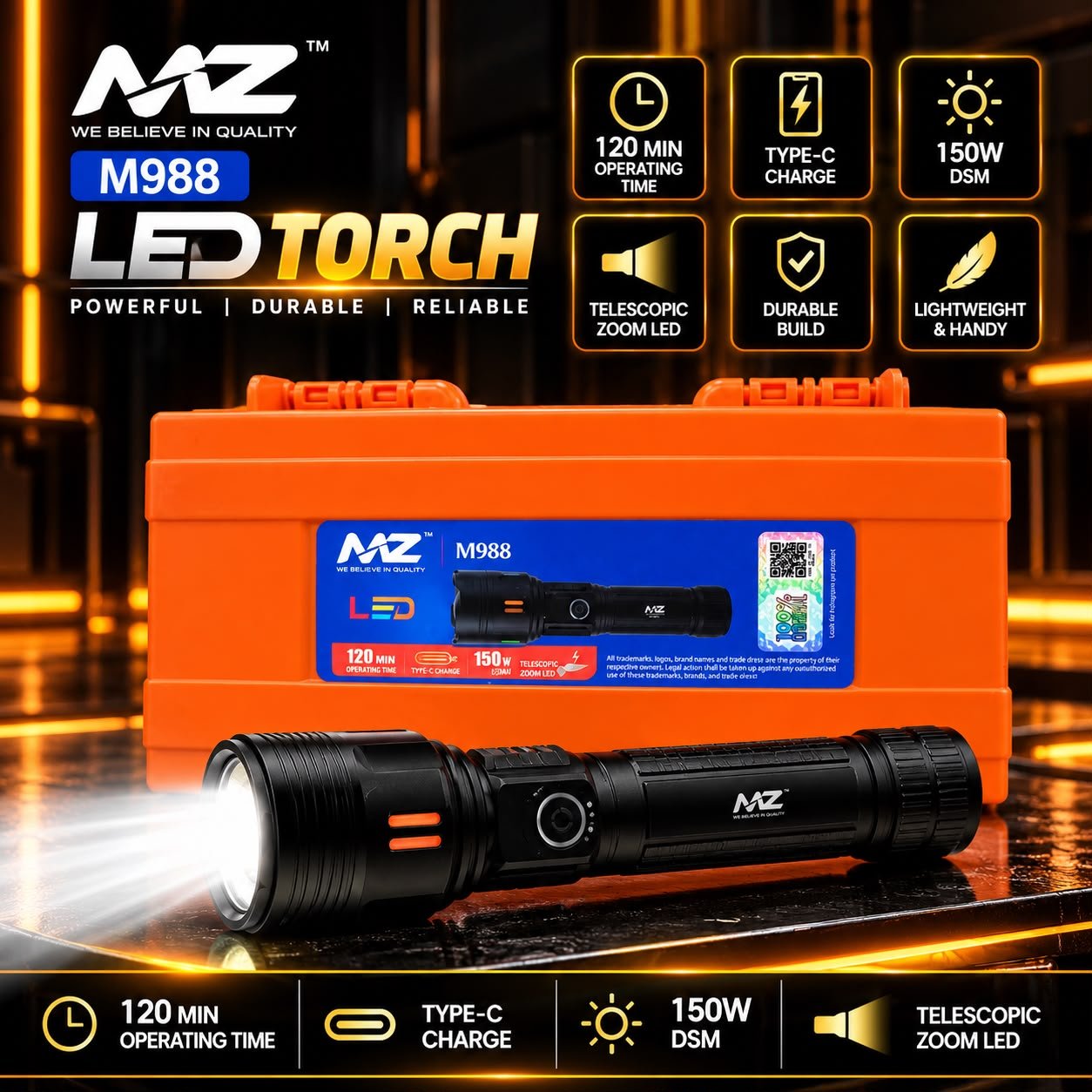MZ M988 150W Rechargeable LED Torch