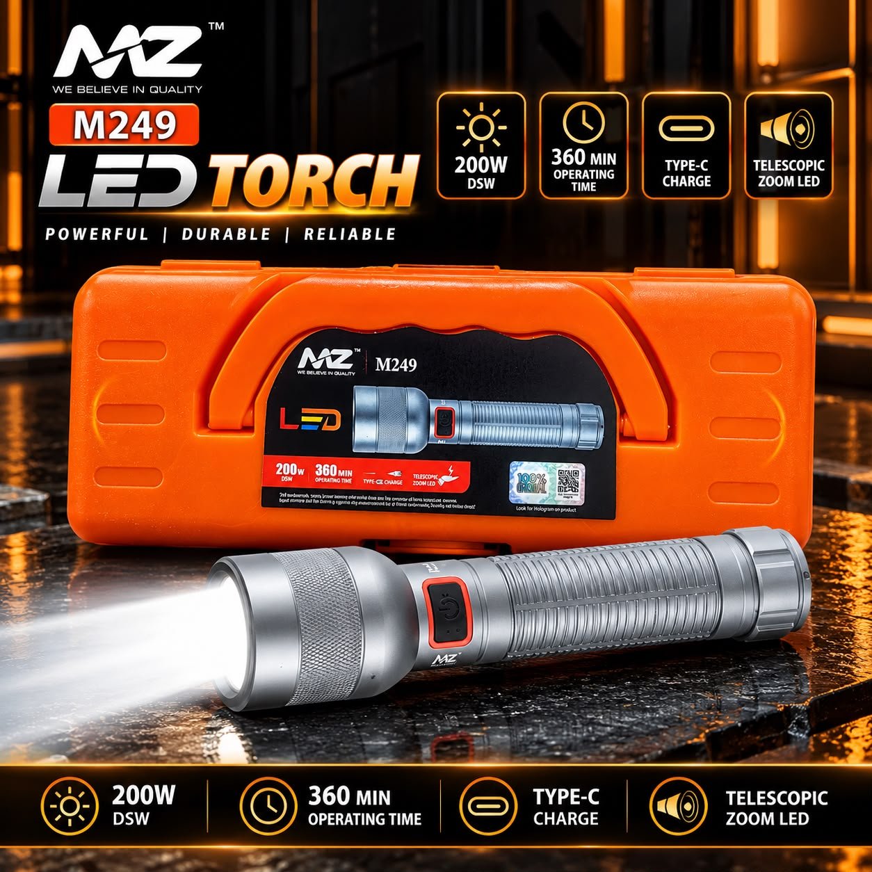 MZ M249 200W Rechargeable LED Torch