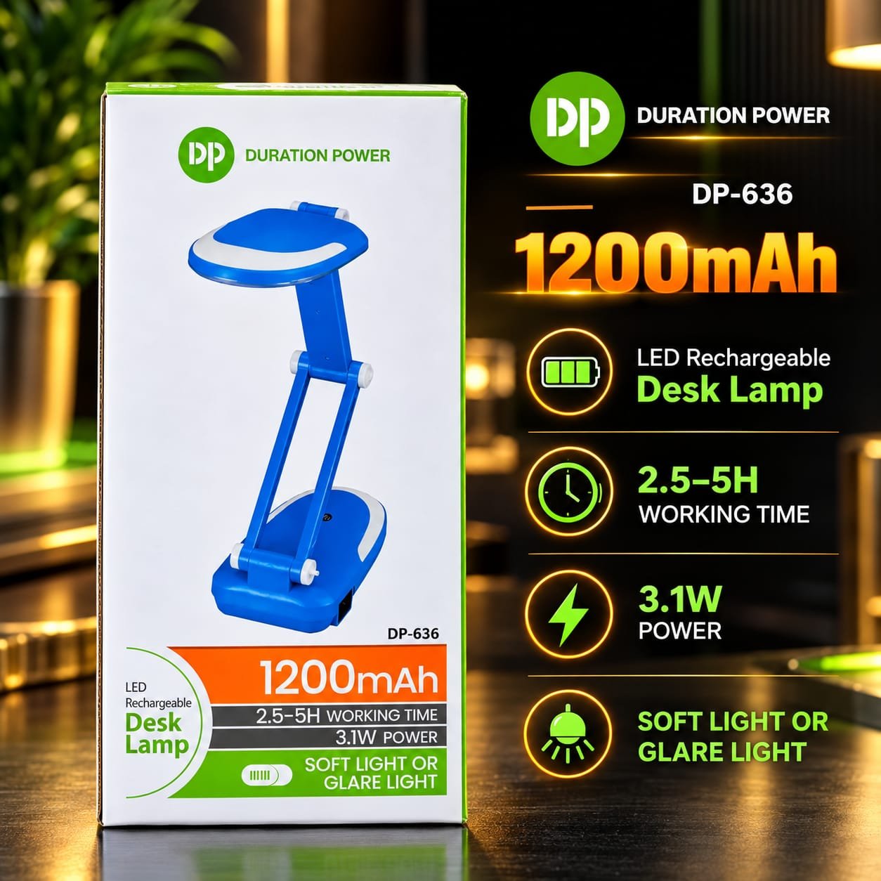 Duration Power Rechargeable LED Desk Lamp