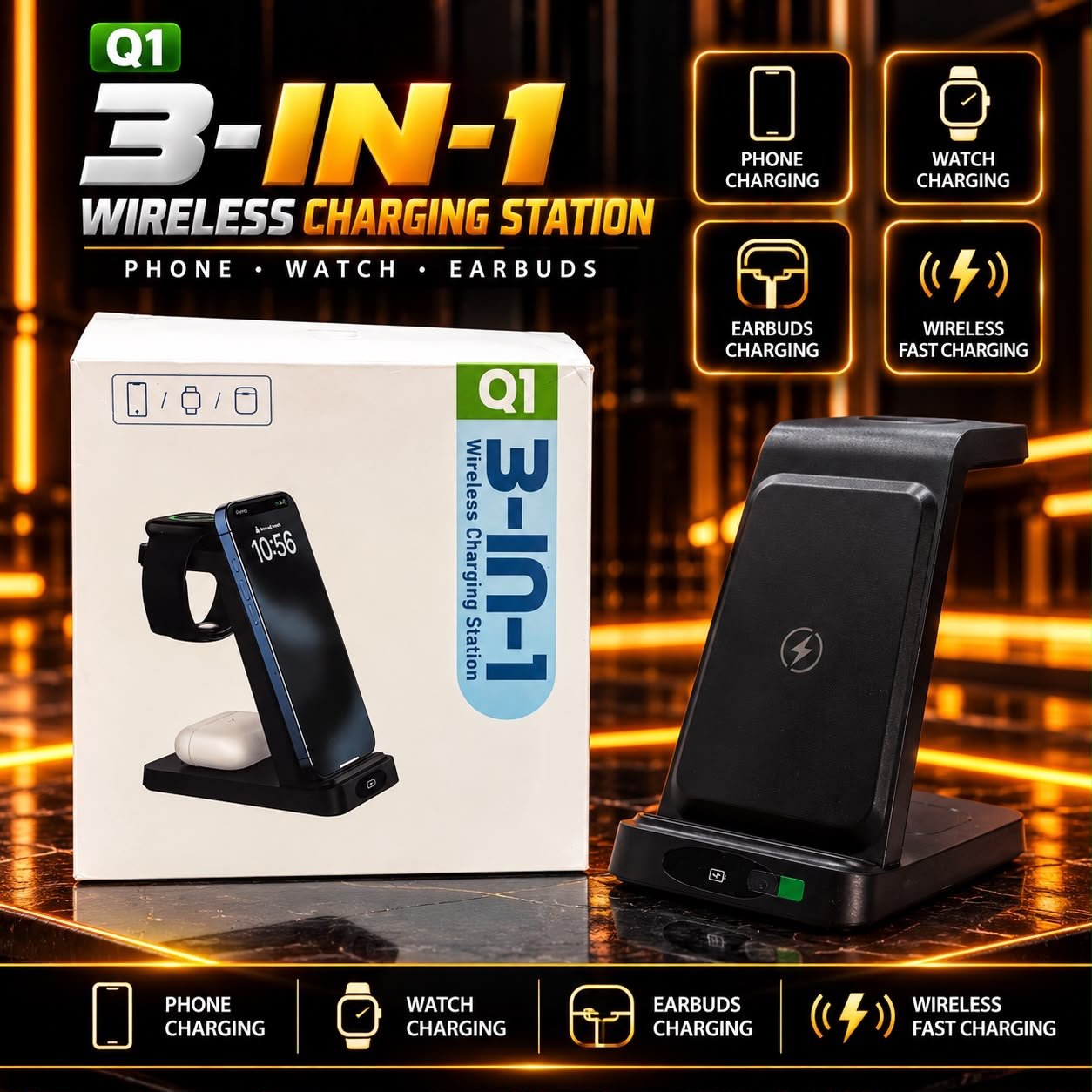 Q1 3-in-1 Wireless Charging Station for Mobile & Smartwatch