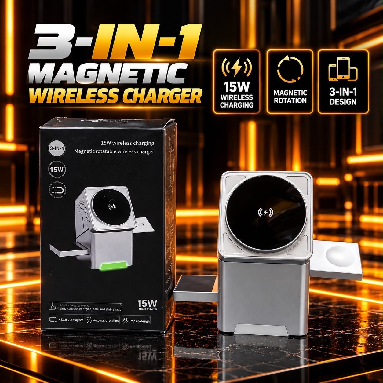 3-in-1 Magnetic Wireless Charger – 15W Rotatable Charging Station