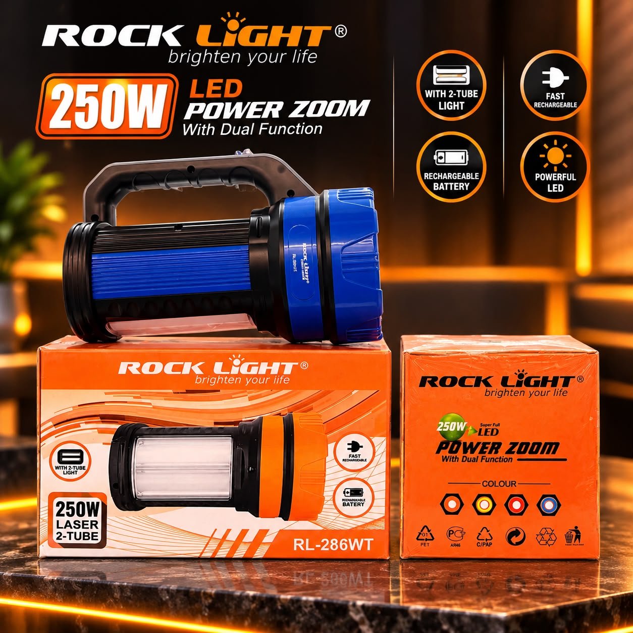 ROCK LIGHT RL-286WT 250W LED Power Zoom Torch Light with Dual Function