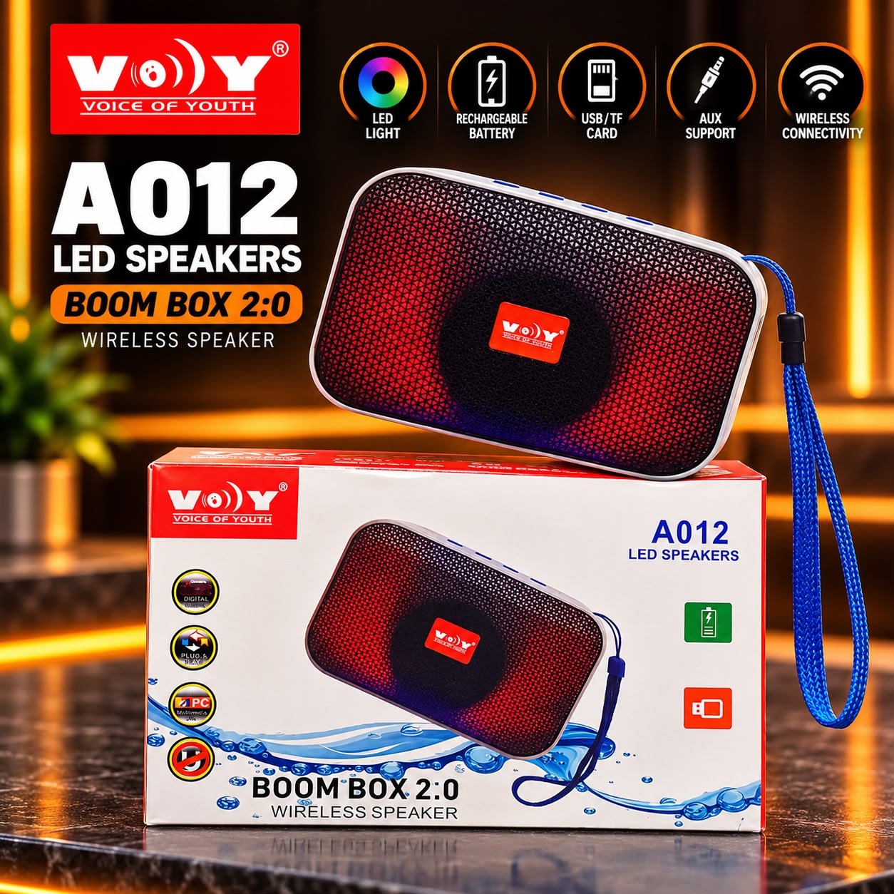 VOY A012 Boom Box 2.0 LED Wireless Bluetooth Speaker